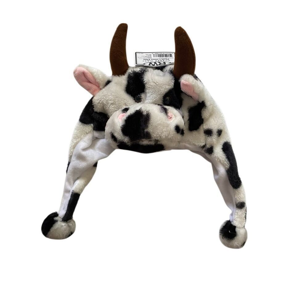 Rugged Wear Unisex Kids One Size Critter Hats White Black Cozy Winter Plush Cow